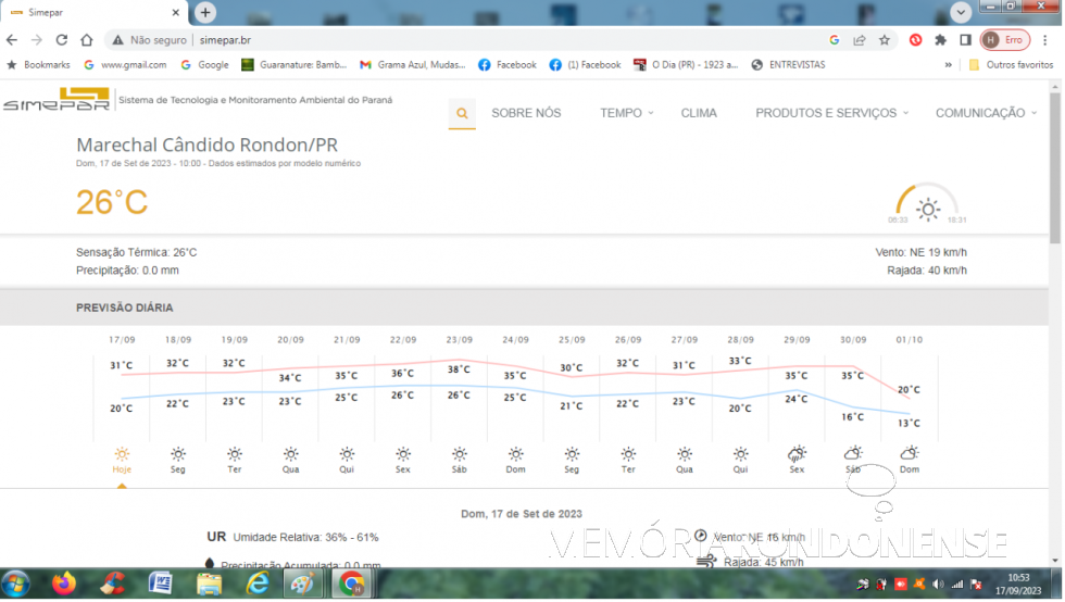 || Previsão climatológica para a cidade de Marechal Cândido Rondon para o dia 17 de setembro e dias seguintes.
Informação do Sistema de Tecnologia e Monitoramento Ambiental do Paraná (SIMEPAR).
Imagem: Acervo do Órgão citado - FOTO 19 -