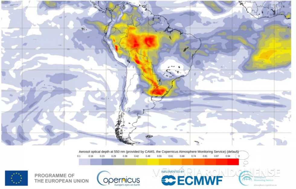 || Mapa de satélite indicando o corredor de fumaçã com origem na Amazônia com reação ao sul do continente, em setembro de 2023.
Imagem: Acervo Metsul - FOTO 21 -