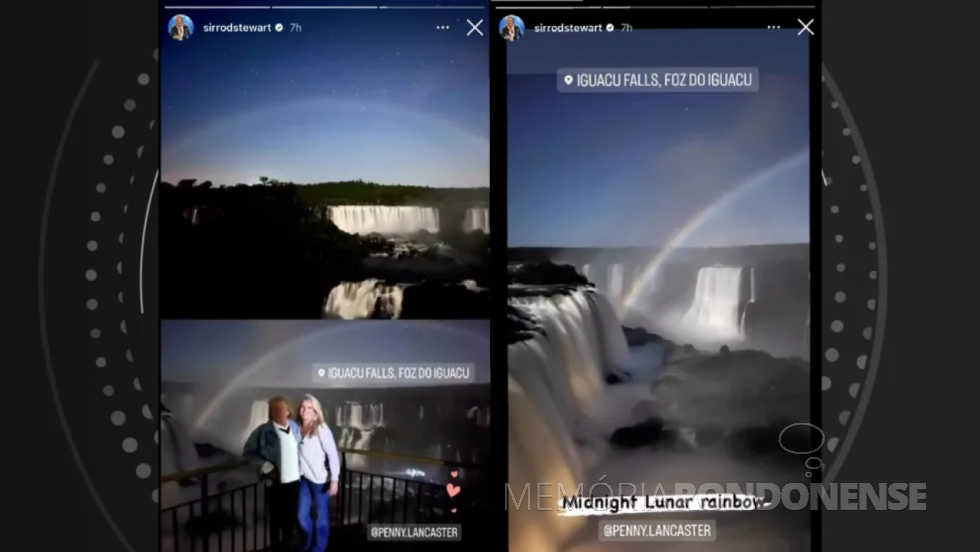 ||  Cliques da visita de Rod Stewart às Cataratas do Iguaçu, em outubro de 2023, composição postada por ele em suas redes sociais.
Imagem: Acervo 100 Fronteiras - FOTO 24 - 
