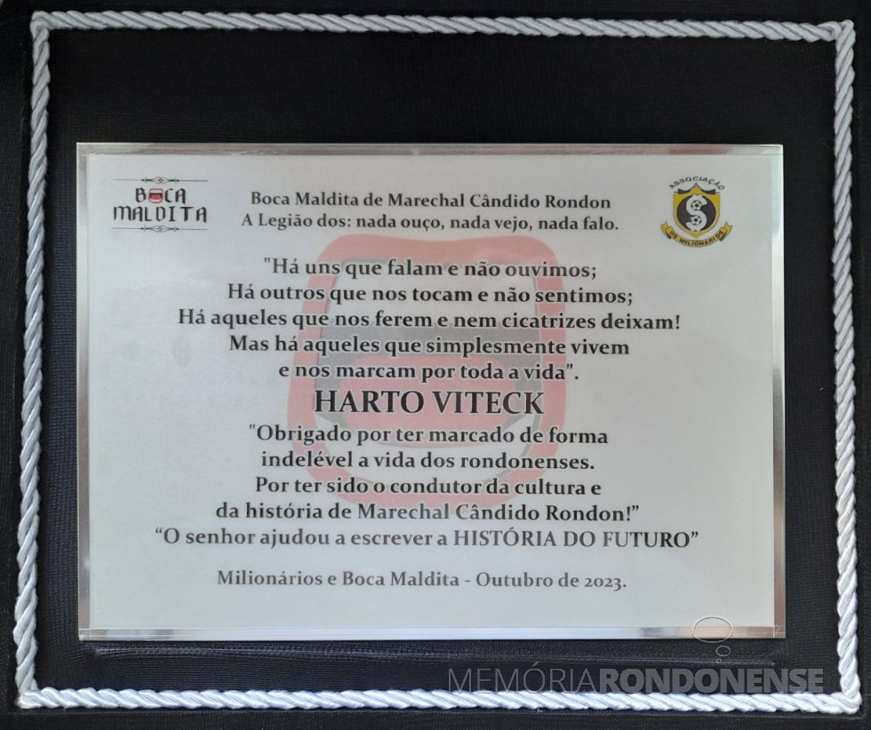 || Honraria recebida pelo rondonense Harto Viteck da Confraria Boca Maldita e da Associação