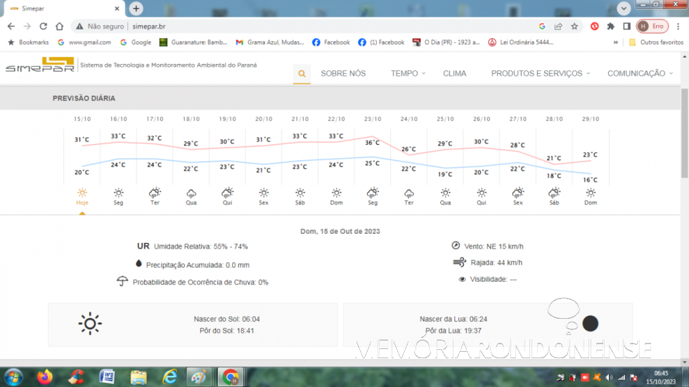 || Boletim metereológico digital com indicativo da previsão climatológica para a cidade de Marechal Cândido Rondon para o dia 15 de outubro de 2023 e dias seguintes, fornecido pelo Sistema de Tecnologia e Monitoramento Ambiental do Paraná (SIMEPAR).
Imagem: Acervo do Órgão informado - FOTO 17 -