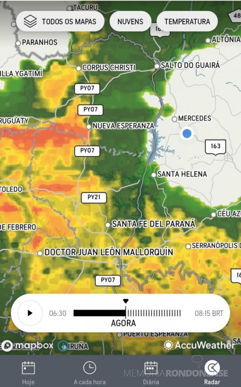 || Imagem de satélite mostrando a chegada da frente  de chuvas ao Oeste do Paraná, em 27 de outubro de 2023.
Imagem: Acervo AccuWeather - FOTO 19 -