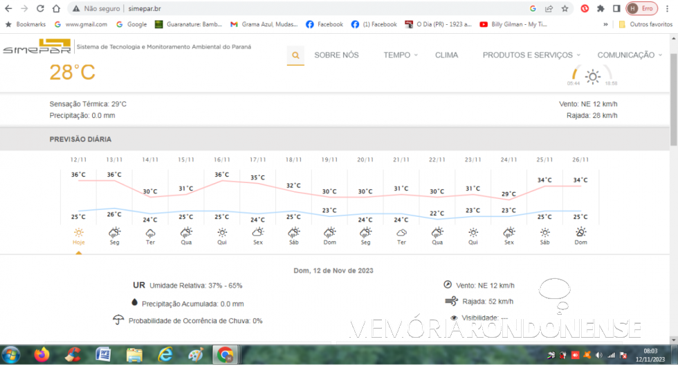 || Boletim climatológico digital para a cidade de Marechal Cândido Rondon para o dia 12 de novembro de 2023 e dias seguintes, elaborado pelo Sistema de Tecnologia e Monitormento Ambiental do Paraná (SIMEPAR).
Imagem: Acervo do Órgão citado - FOTO 19 -