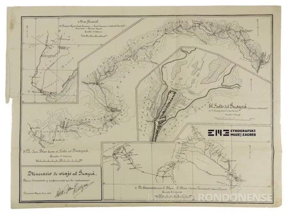 || Carta cartográfica das extintas Sete Quedas ou Saltos del Guairá elaborada pelos irmãos Seljan, no começo do século 20.
Imagem: Acervo La Nación (Assunção, Paraguai) - FOTO 5 -