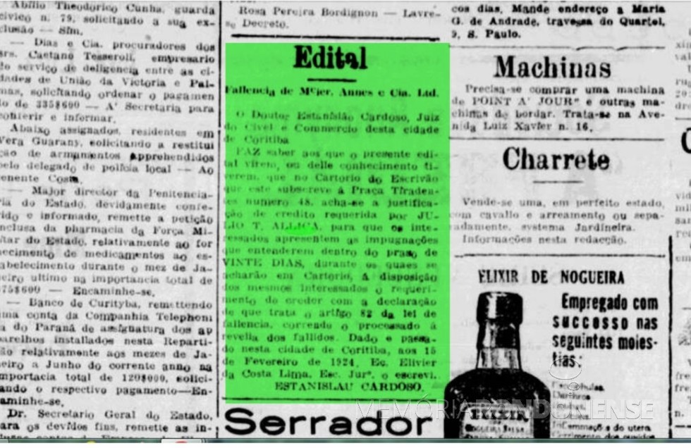|| Publicação do edital da Justiça de Curitiba em que é requerente Julio T. Allica e requerida a empresa Meier, Annes e Cia Ltda., em fevereiro de 1924.
Imagem: Acervo Biblioteca Nacional Digital - FOTO 3 - 