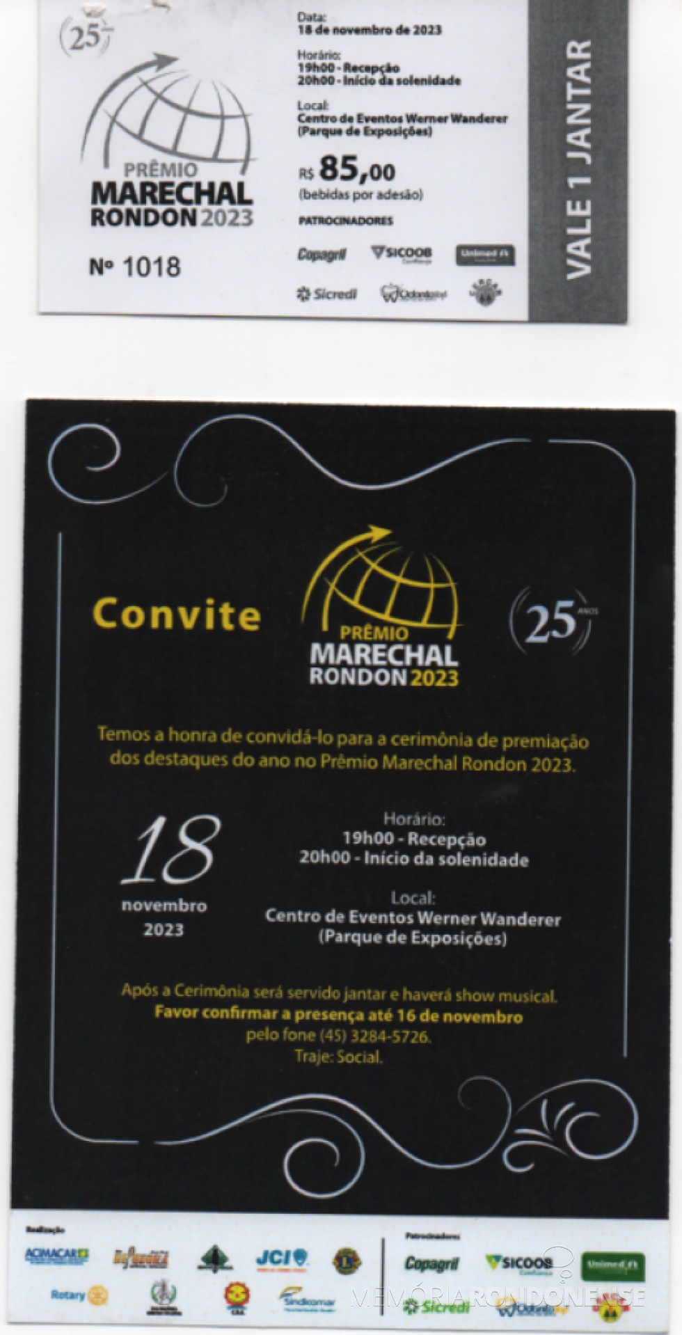 || Ticket para o jantar e o convite para o Prêmio Marechal Rondon 2023, em novembro de 2023.
Imagem: Acervo Projeto Memória Rondonense - FOTO 22 - 
