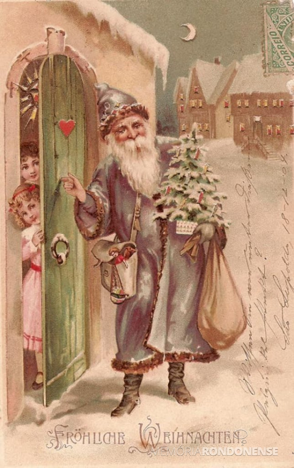 || Cartão de Natal enviado a partir de São Leopoldo para familiares em outra região, em 1904.
Um detalhe: a figura do Papai Noel não está em traje vermelho, este criado a partir de uma proposta de marketing da Coca-Cola.
Imagem: Acervo do Museu Histórico Visconde de São Leopoldo - FOTO 5 -