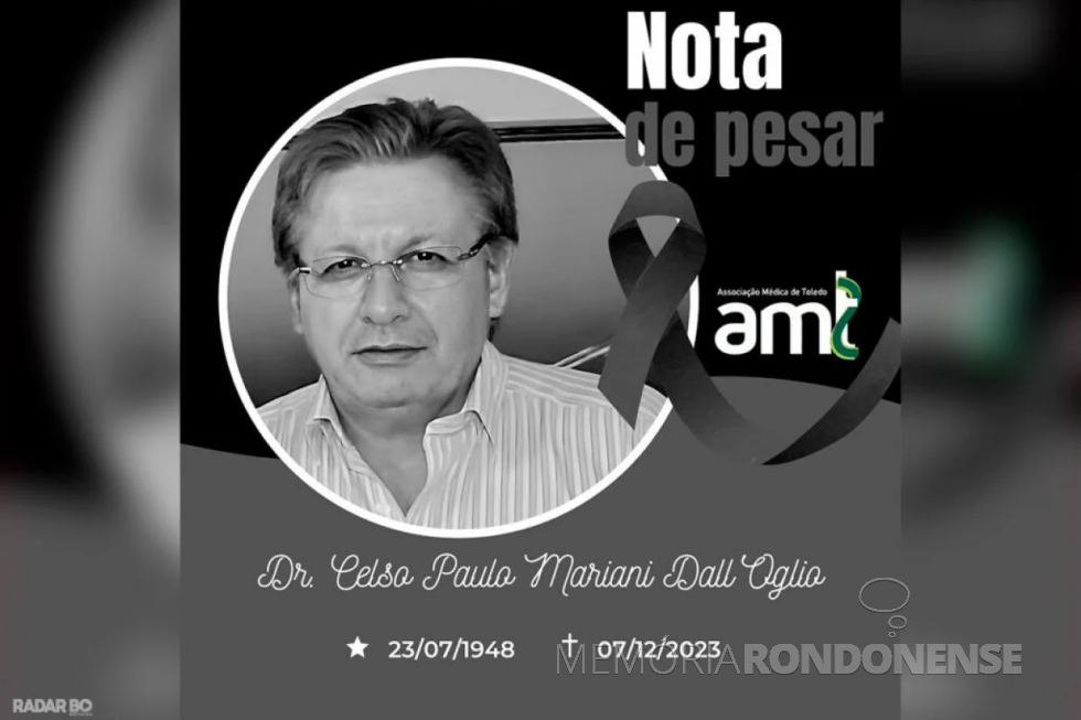 || Anúncio de morte do médico Celso Paulo Mariani Dall'Oglio pela Prefeitura Municipal de Toledo, em dezembro de 2023.
Imagem: Acervo da Municipalidade citada - FOTO 35 -