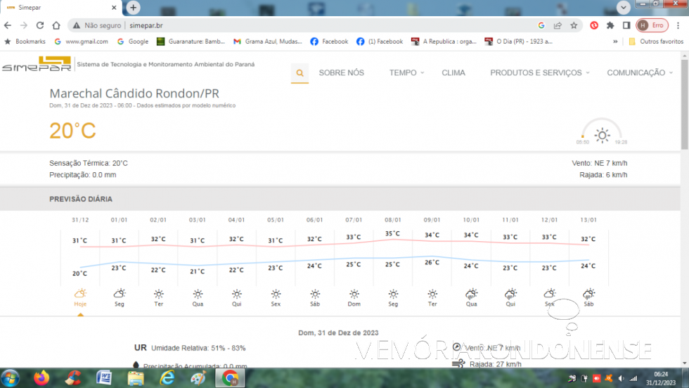 || Previsão metereológica para 31 de dezembro de 2023 e dias seguintes na cidade de Marechal Cândido Rondon. Informação do Sistema de Tecnologia e Monitoramento Ambiental do Paraná (SIMEPAR).
Imagem: Acervo do Órgão citado - FOTO 30 - 