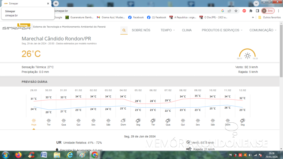 || Previsão metereológica para a cidade de Marechal Cândido Rondon, dia 29 de janeiro de 2024, e dias supervenientes, fornecida pelo Sistema de Tecnologia e Monitoramento Ambiental do Paraná (SIMEPAR).
Imagem: Acervo do Órgão citado - FOTO 22 -