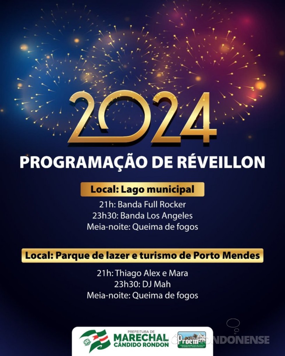 || Agenda programática de eventos de Réveillon 2023 em Marechal Cândido Rondon.
Imagem: Acervo Depto. Imprensa - PM-MCR - FOTO  33-
