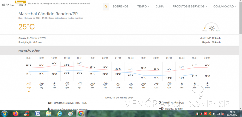 || Previsão metereológica  do dia 14 de janeiro de 2024  e dias seguintes para a cidade de Marechal Cândido Rondon. Boletim fornecido pelo Sistema de Tecnologia e Monitoramento Ambiental do Paraná (SIMEPAR).
Imagem: Acervo do Órgão citado - FOTO 11 - 
