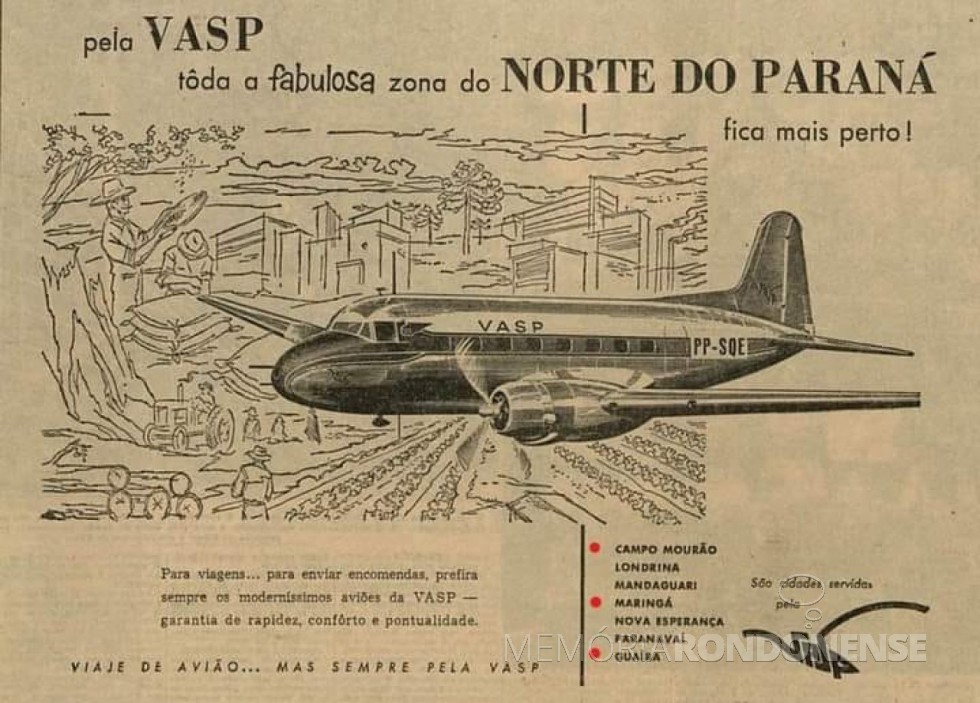 || Anúncio publicitário da VASP ref. aos seus vôos para a cidade de Guaíra (PR).
Imagem:: Acervo Campo Mourão Memória e Fotos Atuais - FOTO 10 -