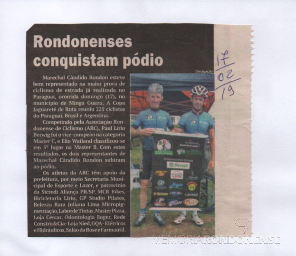 || Recorte de jornal sobre a participação de ciclistas rondonenses de competição na cidade de Minga Guazu, Paraguai, em fevereiro de 2019.
Imagem: Acervo Paul Lirio Berwig - FOTO 11 -