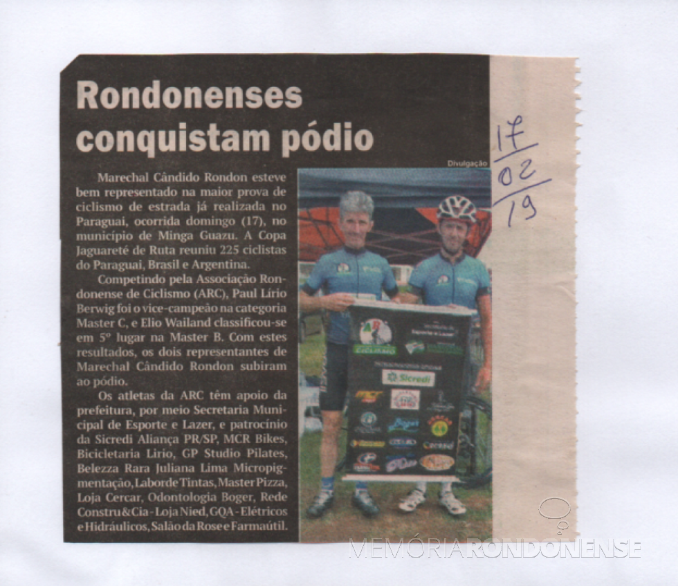 || Recorte de jornal sobre a participação de ciclistas rondonenses de competição na cidade de Minga Guazu, Paraguai, em fevereiro de 2019.
Imagem: Acervo Paul Lirio Berwig - FOTO 9 -