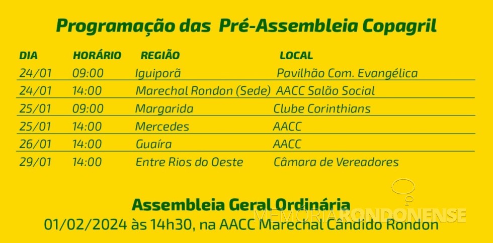 || Agenda das pré assembleias Copagril 2024.
Imagem: Acervo Comunicação Coapgril - FOTO 25 - 