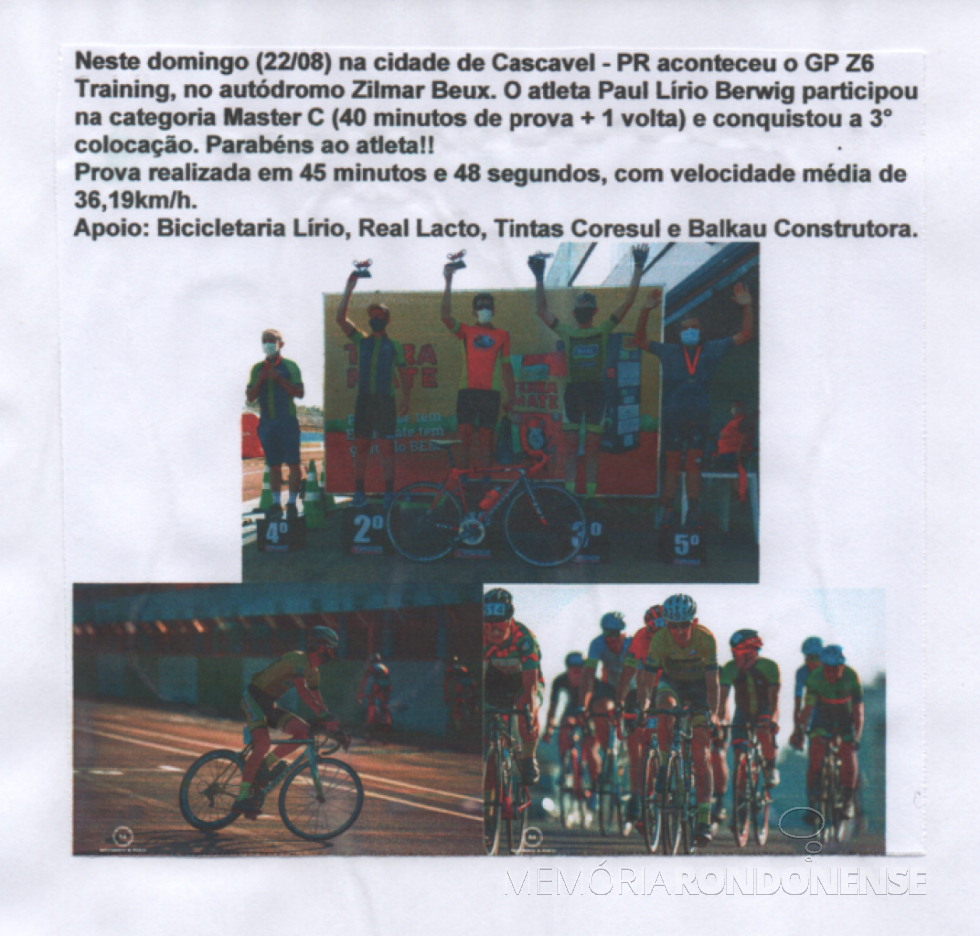 || Destaque de periódico (não identificado) sobre a participação do ciclista rondonense Paul Lirio Berwig na GP Training de Cascavel, agosto de 20222.
Imagem: Acervo do atleta - FOTO 13 - 