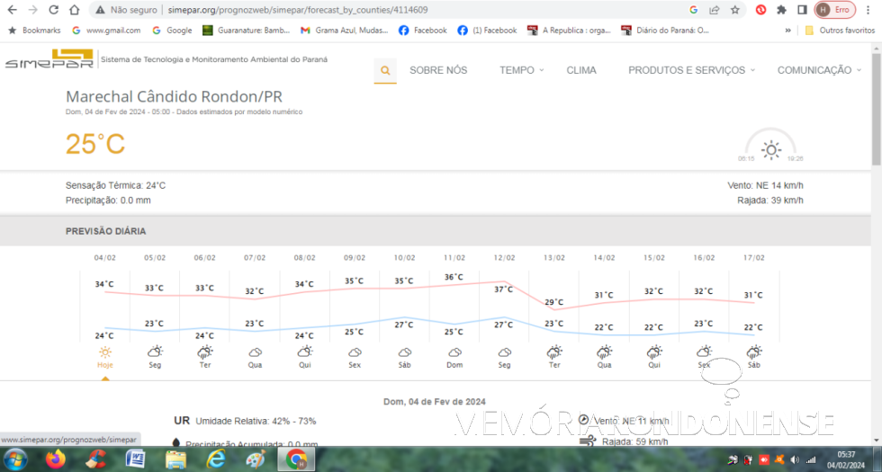 || Previsão metereológica para a cidade de Marechal Cândido Rondon, dia 04 de fevereiro de 2024, elaborada pelo Sistema de Tecnologia e MOnitoramento Ambiental do Paraná (SIMEPAR).
Imagem: Acervo do Órgão citado - FOTO 17 -