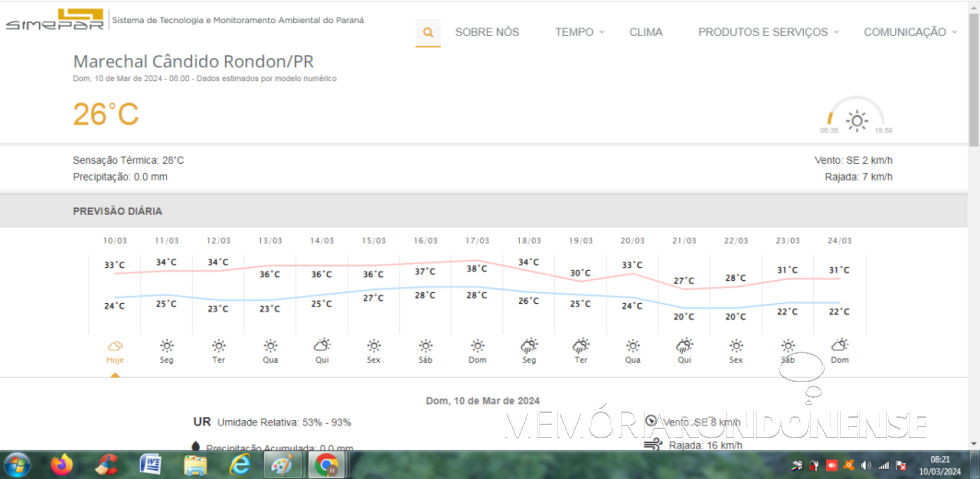 || Previsão climatológica para Marechal Cândido Rondon, dia 10 de março de 2024 e dias seguintes, elaborada pelo Sistema de Tecnologia e Monitoramento Ambiental do Paraná (SIMEPAR).
Imagem: Acervo do Órgão citado - FOTO 17 -