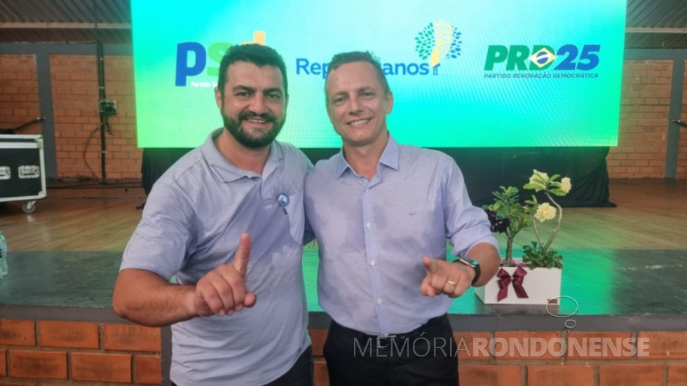 || Adriano Backes (e) e Vanderlei Caetano Sauer lançados como candidatos a prefeito e vice-prefeito pelo situação em Marechal  Cândido Rondon, em março de 2024.
Imagem: Acervo AquiAgora.net - FOTO 24 -