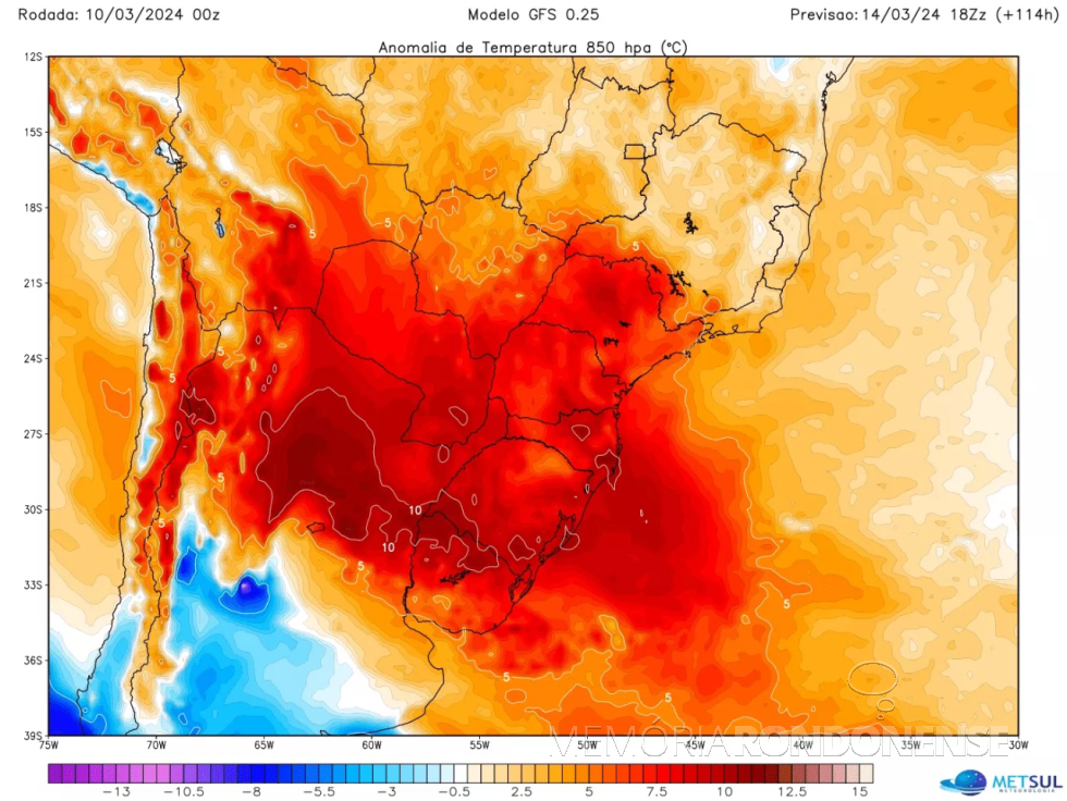 || Mapa metereológico identificando a bolha de calor  de final de verão 2023/2024 no continente sul-americano.
Imagem; Acervo Metsul Metereologia - FOTO 24 - 
