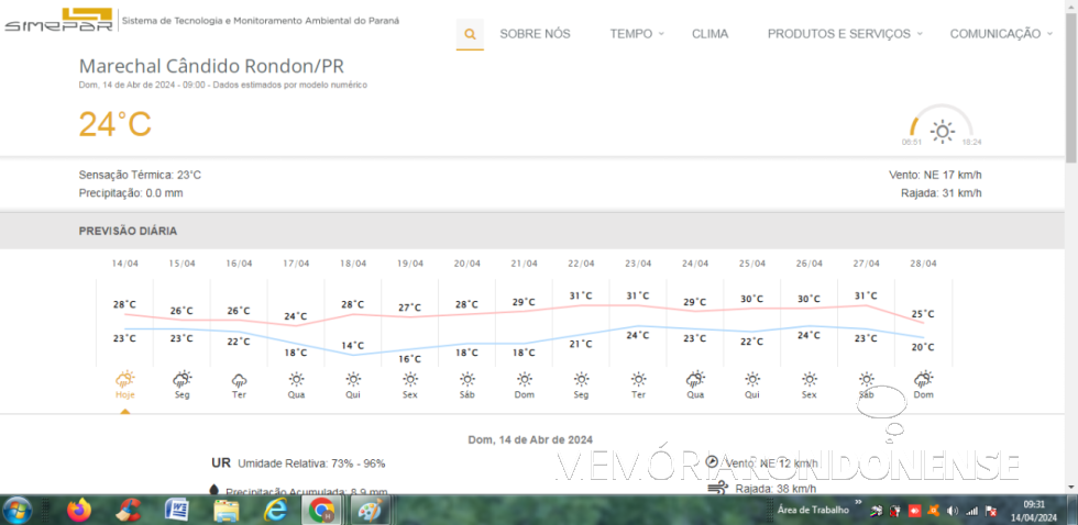 || Previsão metereológica para Marechal Cândido Rondon, 14 de abril de 2024 e dis seguintes, fornecida pelo Sistema de Tecnologia e Monitoramento do Paraná (SIMEPAR) - FOTO 27 -