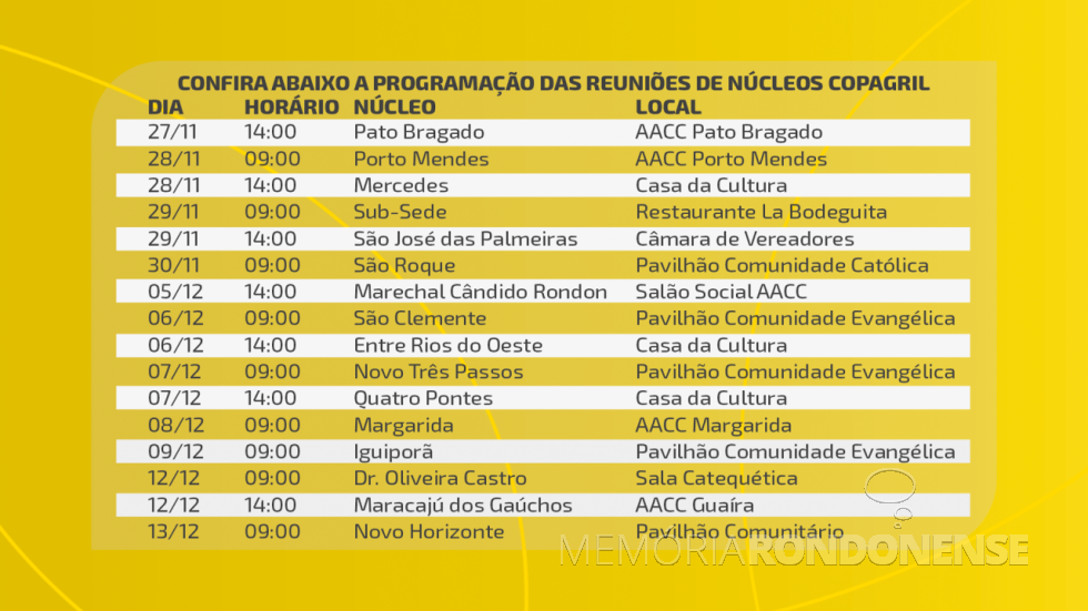 || Agenda de encontros dos núcleos cooperativos da Copagril, a partir de final de novembro de 2023.
Imagem: Comunicação Copagril - FOTO 31 -