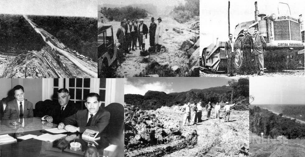 || Composição fotográfica de várias etapas da construção da estrada Curitiba-Paranaguá.
Na ordem da leitura:1 - pista dupla em construção no litoral, perto de Paranaguá, 1960.2 - Lupion (de boné cinza claro) com a equipe do DER: José Lupion Jr., Eurico Macedo entre outros.3 - Governador Moyses Lupion (centro); Alberto Franco, à direita, e o desembargador Antonio Franco (à esquerda) posam ao lado de uma moto-scrapers da empreiteira Lysimaco.4 - Irmãos Lysimaco. à esquerda, o cunhado José Munhoz de Mello, autor do contrato da auto-estrada entre o governo e a empreiteira; no centro, Lysimaco da Costa (dono da empreiteira) e Alberto Franco Ferreira da Costa.5 - Ayrton Lolô Cornelsen (1º à esquerda), Eurico Macedo (de boné), José Lupion Jr.e Theodocio Aterino visitam trecho da BR-35. A partir do momento que Lolô assumiu a fiscalização e algumas obras da auto-estrada, o ritmo de realizações aumentou.6 - Empreiteira Lysimaco, na terraplenagem.
Imagem: Acervo e legenda Wikipedia - FOTO 4 -