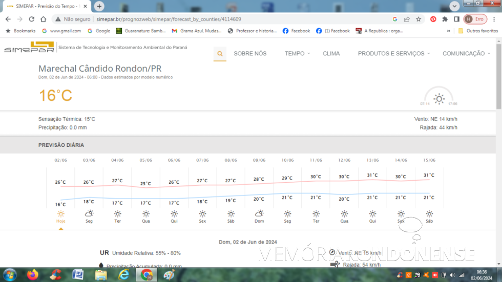 || Boletim metereológico do sistema de Tecnologia e Monitoramento Ambiental do Paraná (SIMEPAR) para Marechal Cândido Rondon,  com previsão para o dia 02 de junho de 2024 e dias seguintes.
Imagem: Acervo do Órgão citado - FOTO 29 -