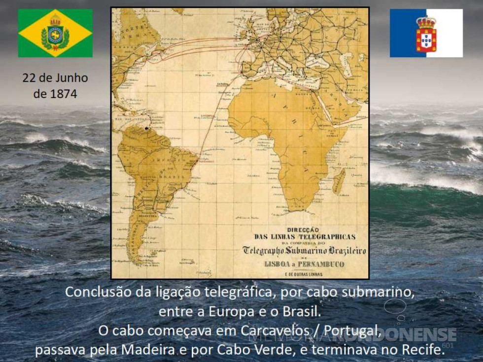 || Mapa detalhando a instalação do cabo transtlântico de telegrafia entre o Brasil e Portugal, inaugrado em junho de 1874.
Imagem: Acervo