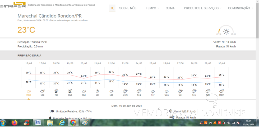 || Previsão metereológica para a cidade de Marechal Cândido Rondon, 16 de junho de 2024 e dias seguintes, elaborada pelo Sistema de Tecnologia e Monitoramento Ambiental do Paraná (SIMEPAR) - FOTO 18 -