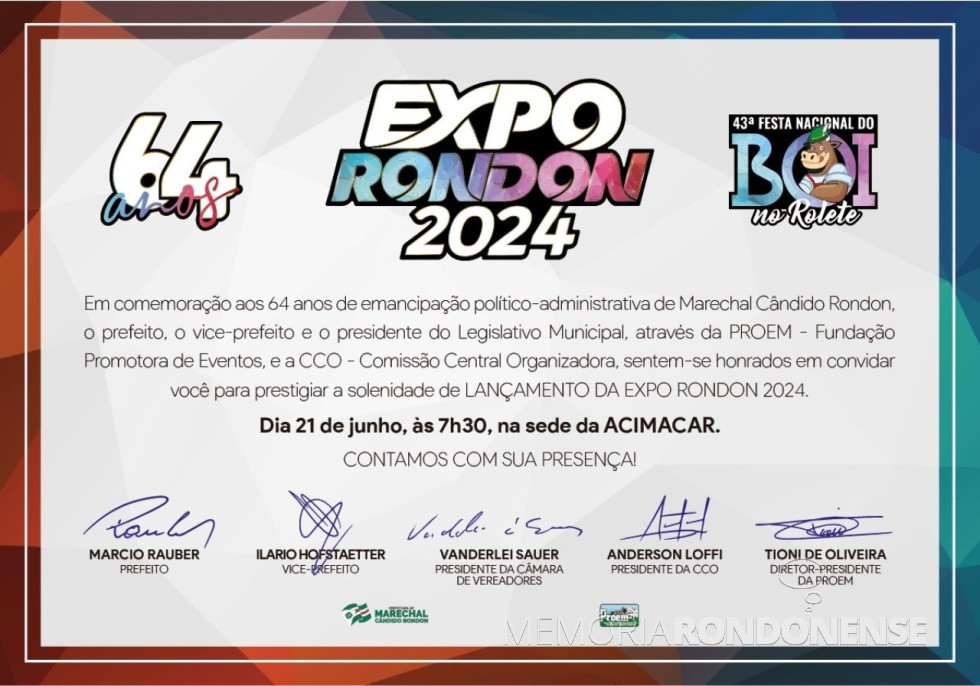 || Convite para o lançamento da ExpoRondon2024, em junho de 2024.
Imagem: Acervo Projeto Memória Rondonense - FOTO 17 -