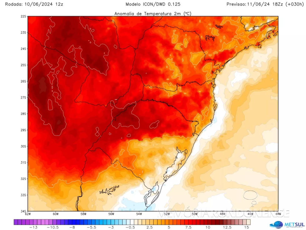|| Mapa metereológico com indicativo das regiões mais afetadas pela onda de calor, em 12 de junho de 2024.
Imagem: Acervo MetSul - FOTO 29 -