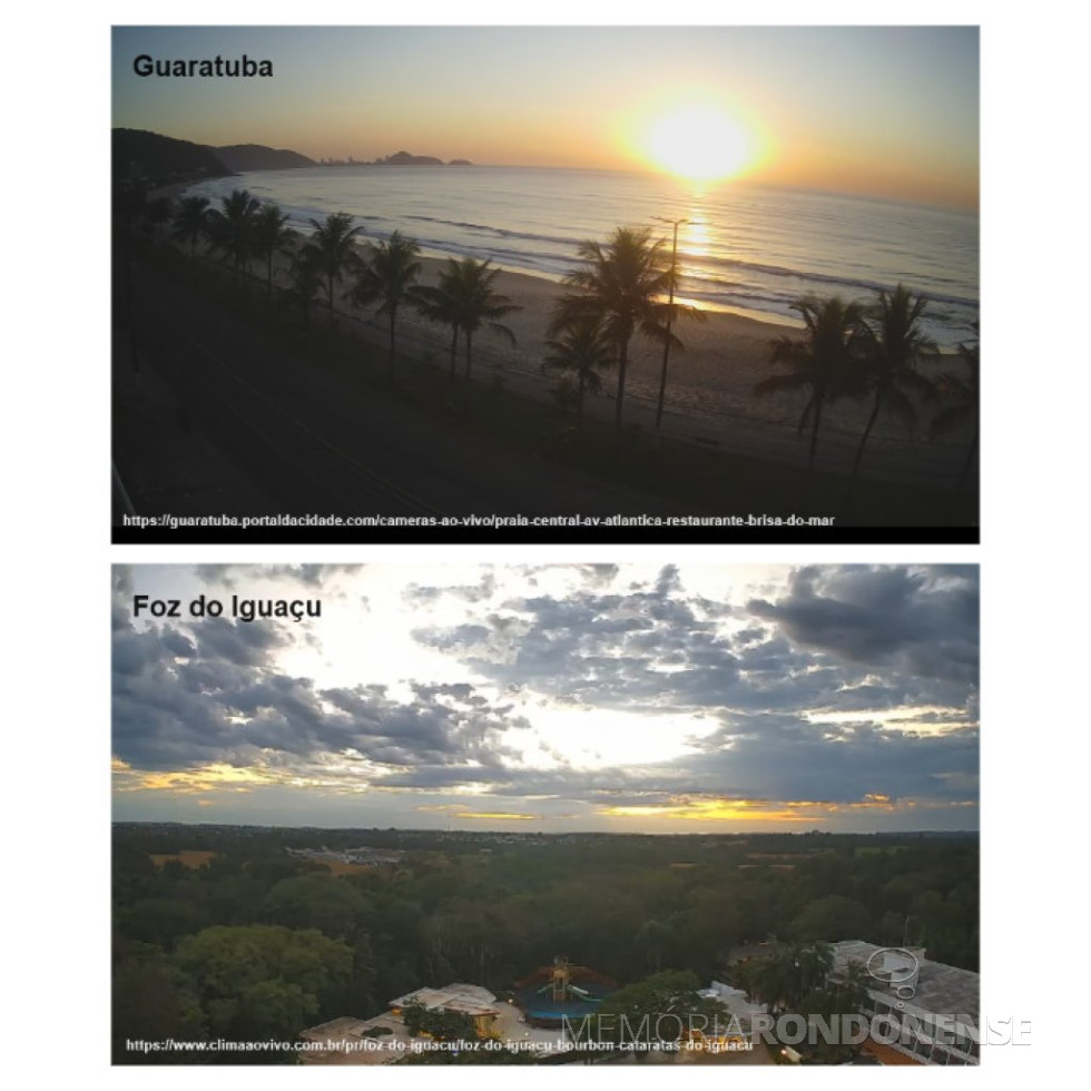 || Amanhecer na cidade de Guaratuba, no leste do Paraná; e na cidade de Foz do Iguaçú, nbo Oeste do Paraná, em 15 de junho de 2024.
Imagem: Acervo Simepar - FOTO 30 -