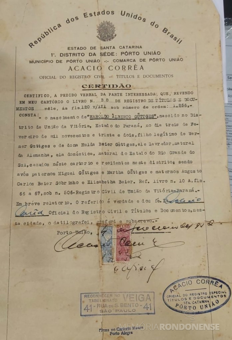 || Certidão de nascimento de Haroldo Alberto Güttges.
Imagem: Acervo de Wilmar Güttges - FOTO 13 -