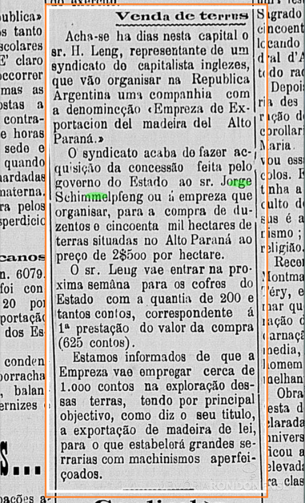 || Notícia da venda de 250 mil hectares de terras para a