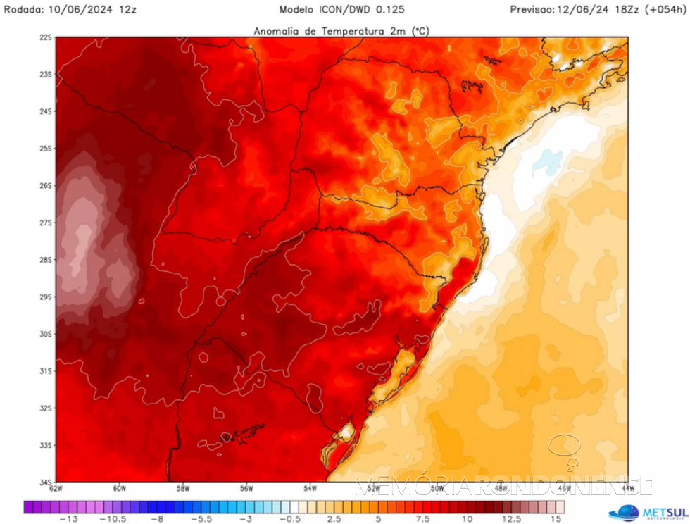 || Mapa meteorológico com indicativo das regiões mais afetadas pela onda de calor, em 12 de junho de 2024.
Imagem: Acervo MetSul - FOTO 13  -