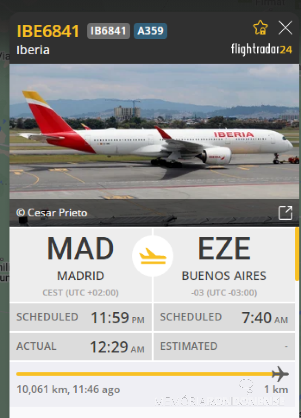 || Avião da Iberia que sobrevoou a cidade de Marechal Cândido Rondon, no amanhecer de  30 de junho de 2024, na linha Madrid a Buenos Aires.
Imagem: Acervo de Flightradar - FOTO 39 -