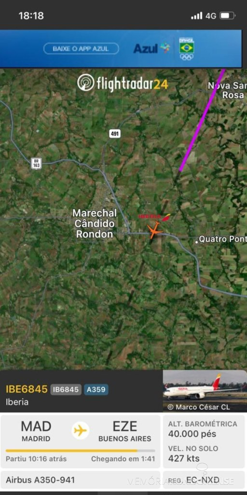 || Identificação do vôo da Iberia, de Madrid a Buenos Aires, cruzando o espaço aéreo de Marechal Cândido Rondon, em 22 de julho de 2024.
Imagem capturada de Flightrader - FOTO 30 -