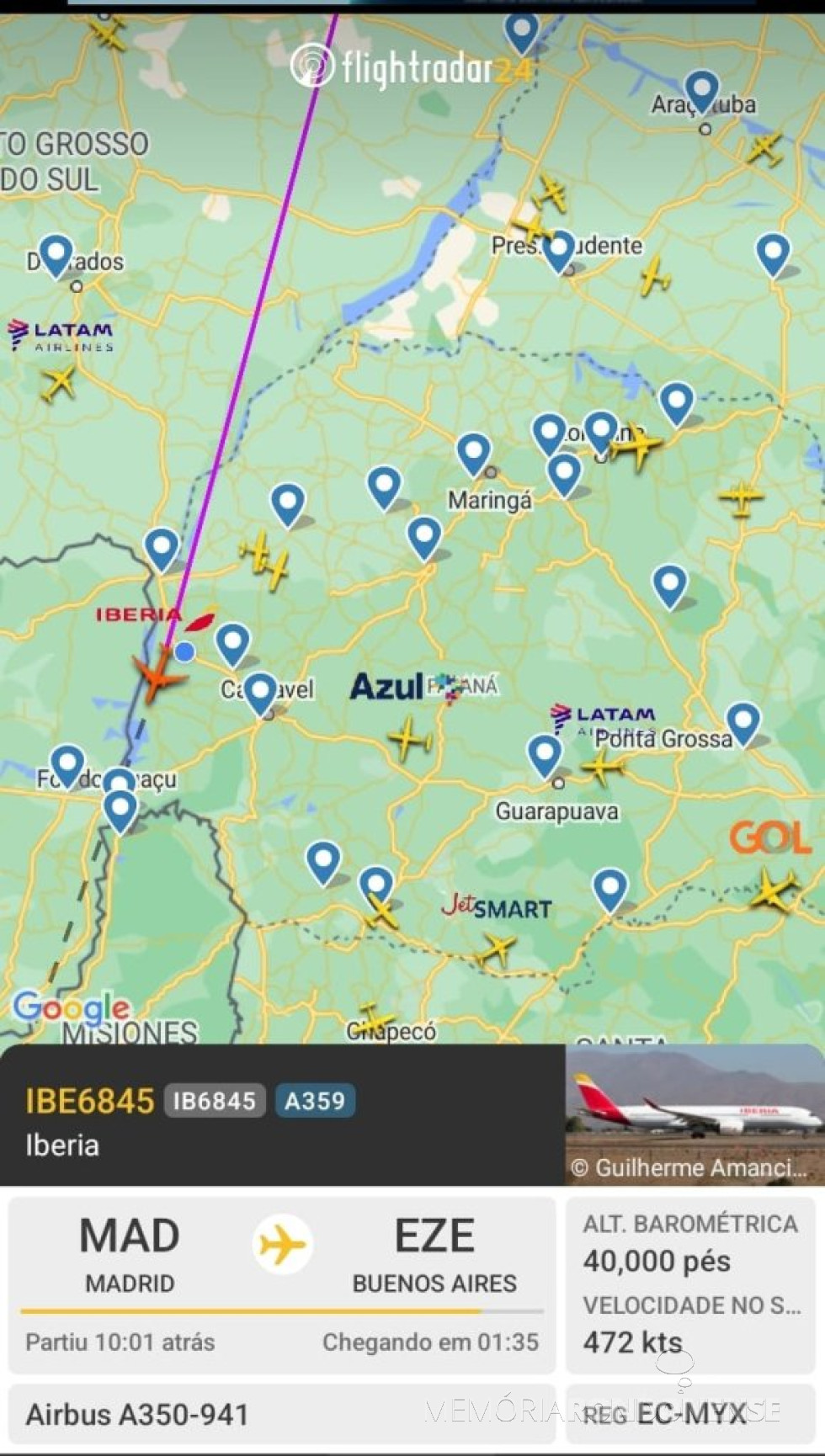 || Identificação da aeronave da Iberia que cruzou o espaço aéreo de Marechal Cândido Rondon (PR), com destino a Buenos Aires, em 25 de julho de 2024.
Imagem: Acervo Flightradar - 57 -