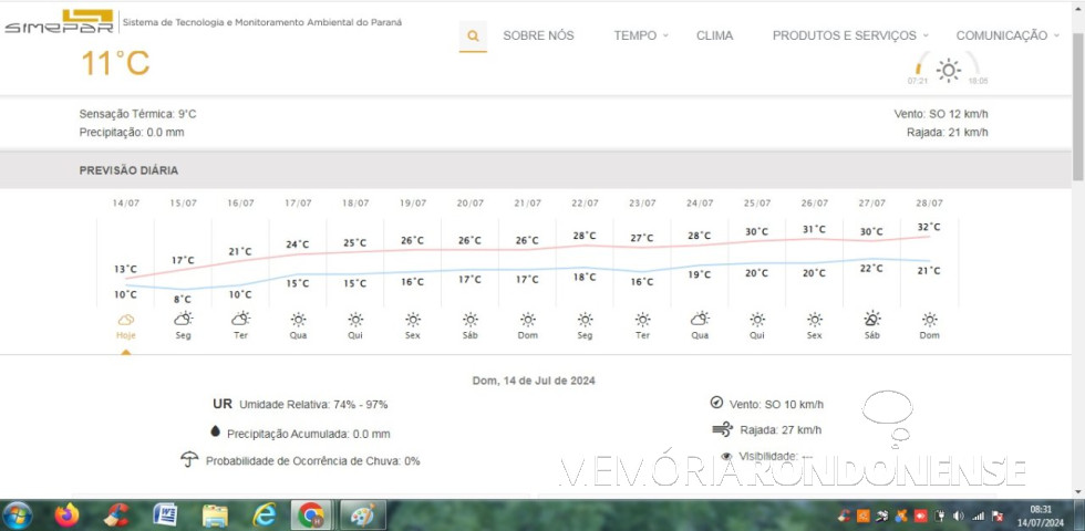 || Previsão metereológica para a cidade de Marechal Cândido Rondon, 14 de julho 2024 e dias subsequentes, fornecida pelo Sistema de Tecnologia e Monitoramento Ambiental do Paraná (SIMEPAR) - FOTO 22 -