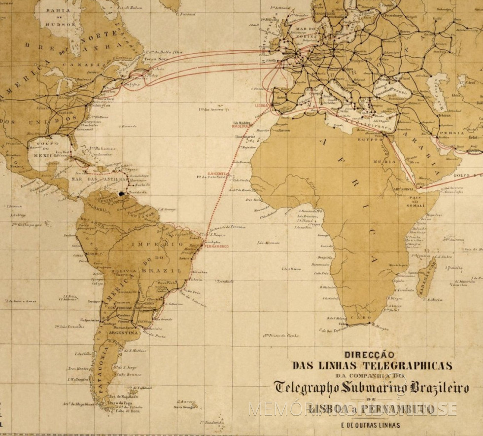 || Mapa com a mostra das linhas telegráficas na costa brasileira e o cabo submarino interligando Pernambuco a Lisboa (Portugal), em 1874.
Imagem: Acervo não identificado - FOTO 5 -