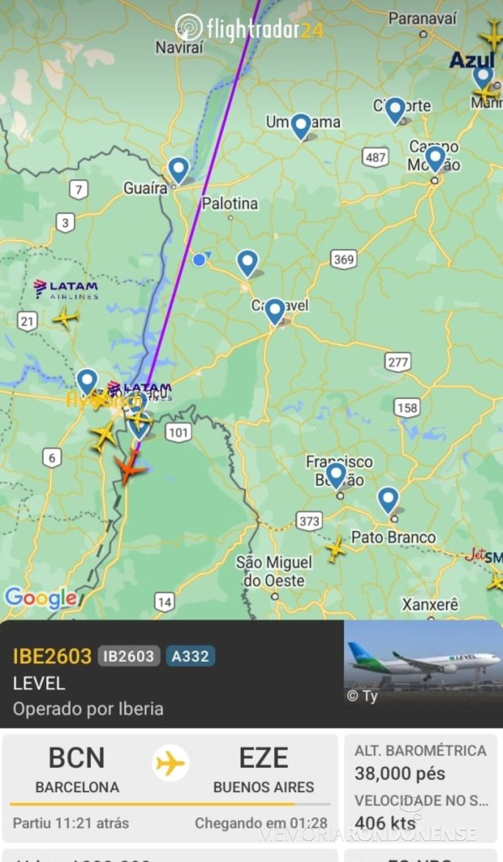 || Identificação do vôo da Iberia, procedente de Barcelona com destino a Buenos Aires, que sobrevoou a cidade de Marechal Cândido Rondon, no período vespertino, dia 23 de julho de 2024.
Imagem: Acervo Flightradar - FOTO 44 -