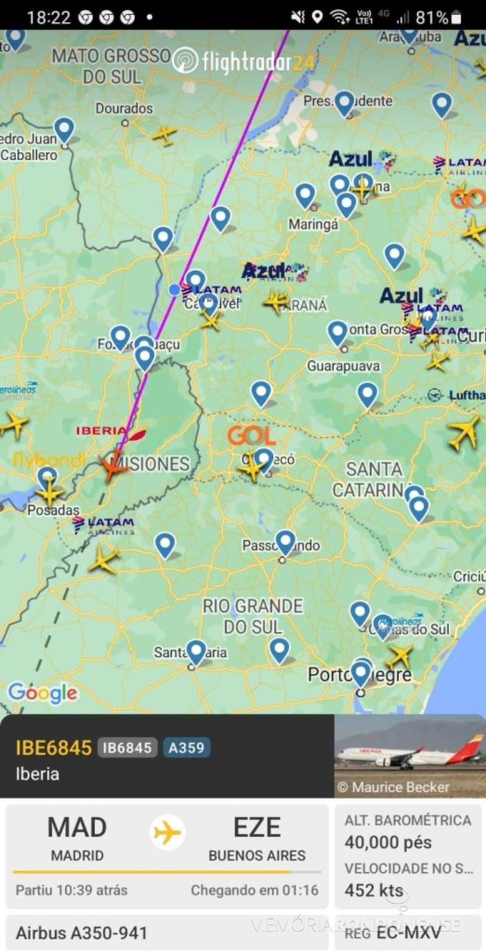 | Identificação do avião A-350, da Iberia, em sua rota da capital espanhola à capital Argentina, em 29 de julho de 2024.
Imagem: Acervo Flightradar - FOTO 22 -