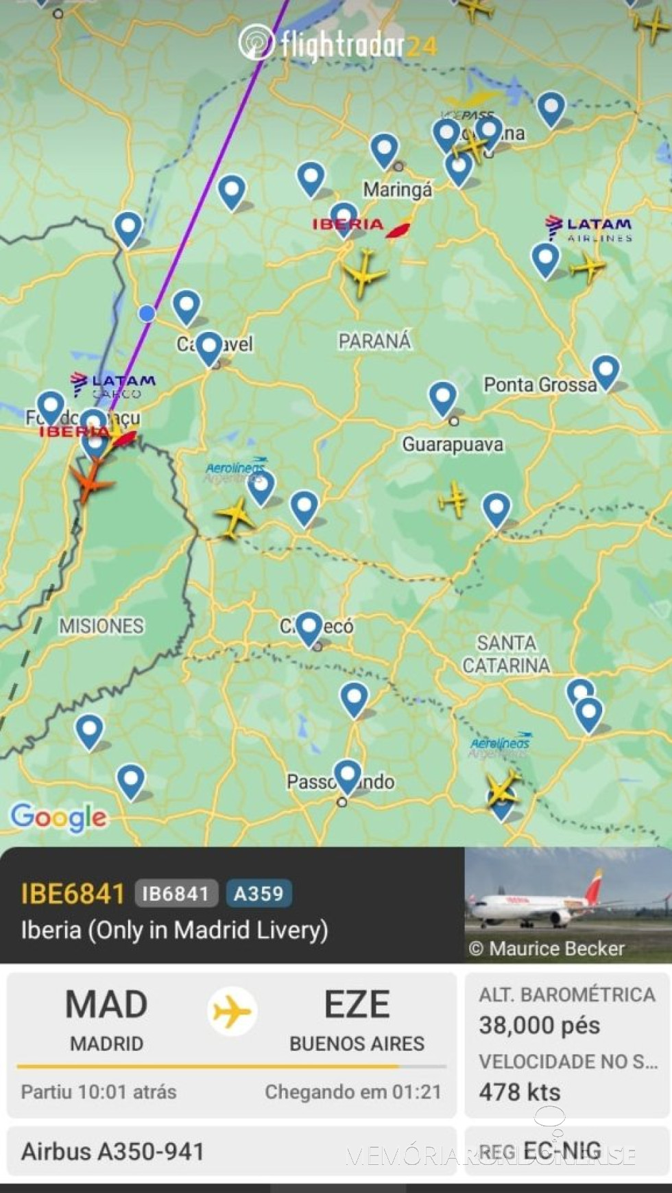 || Identificação do vôo da Iberia que cruzou o espaço aérea na madrugada de 26 de julho de 2024.
Imagem: Acervo Flightradar - FOTO 30 -