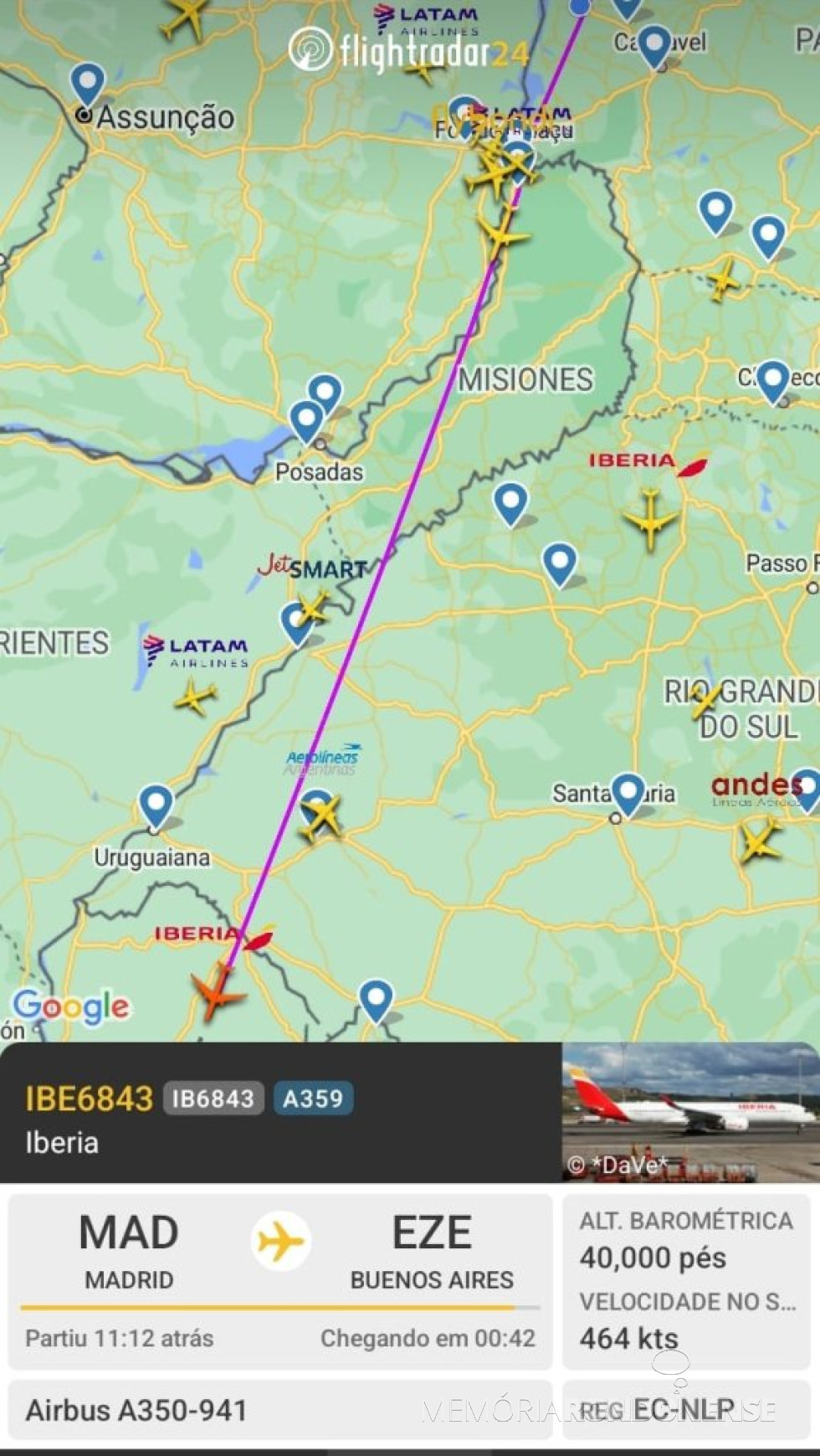 || Identificação do vôo da Iberia que cruzou o espaço aéreo de Marechal Cândido Rondon, em 23 de julho de 2024, logo após o meio-dia, com destino a Buenos Aires.
Imagem: Acervo Flighradar - FOTO 43 -