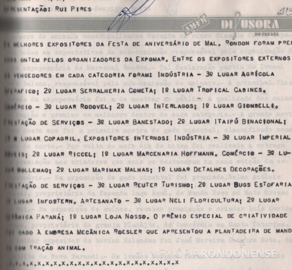 || Lista dos expositores premiados na Expomar 1994, em julho do citado ano.
Imagem: Acervo Rádio Difusora do Paraná - FOTO 35 -