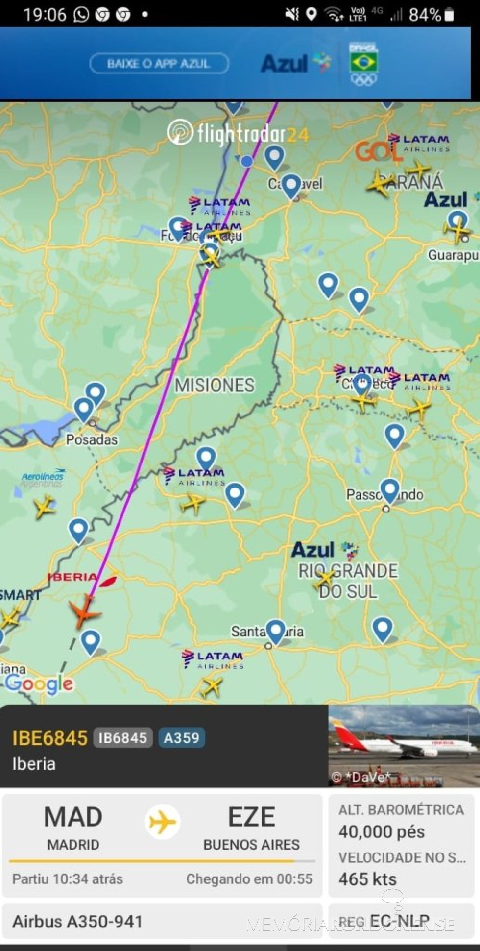 || Identificação do cruzeiro da aeronave da Iberia que cruzou o espaço aéreo de Marechal Cândido Rondon, ao final da tarde de 26 de julho de 2024.
Imagem: Acervo Fligtradar - FOTO  31 -