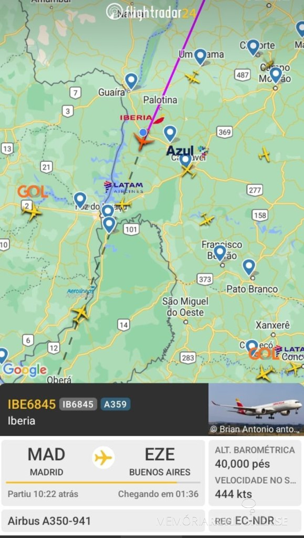 || Identificação da rota do avião da Iberia que cruzou o espaço aéreo da cidade de Marechal Cândido Rondon, em 18 de julho de 2024.
Imagem: Acervo Flightradar - FOTO 23 -