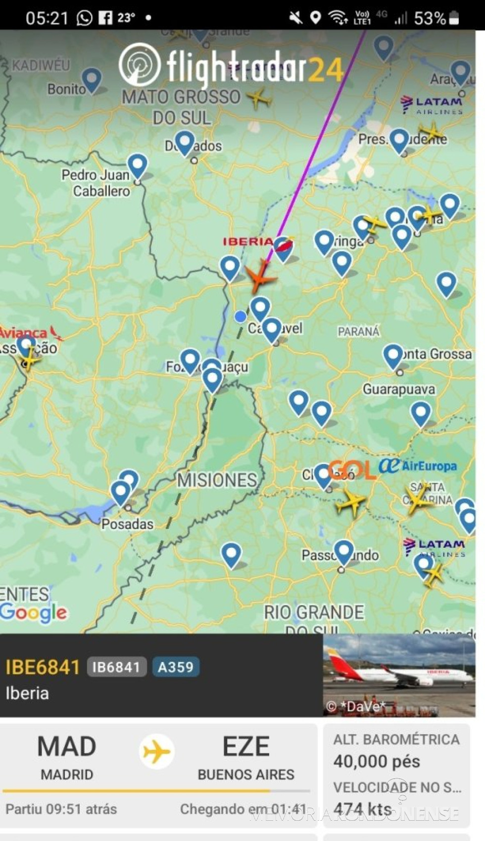 || Identificação da rota do avião na Iberia, ao cruzar o espaço aéreo da cidade de Marechal Cândido Rondon, na madrugada de 20 de agosto de 2024.
Imagem: Acervo Flightradar - FOTO 39 -